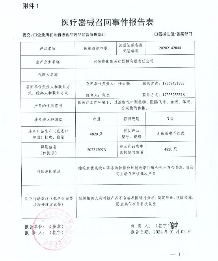 河南省佳康醫(yī)療器械有限責(zé)任公司對醫(yī)用防護(hù)口罩主動召回